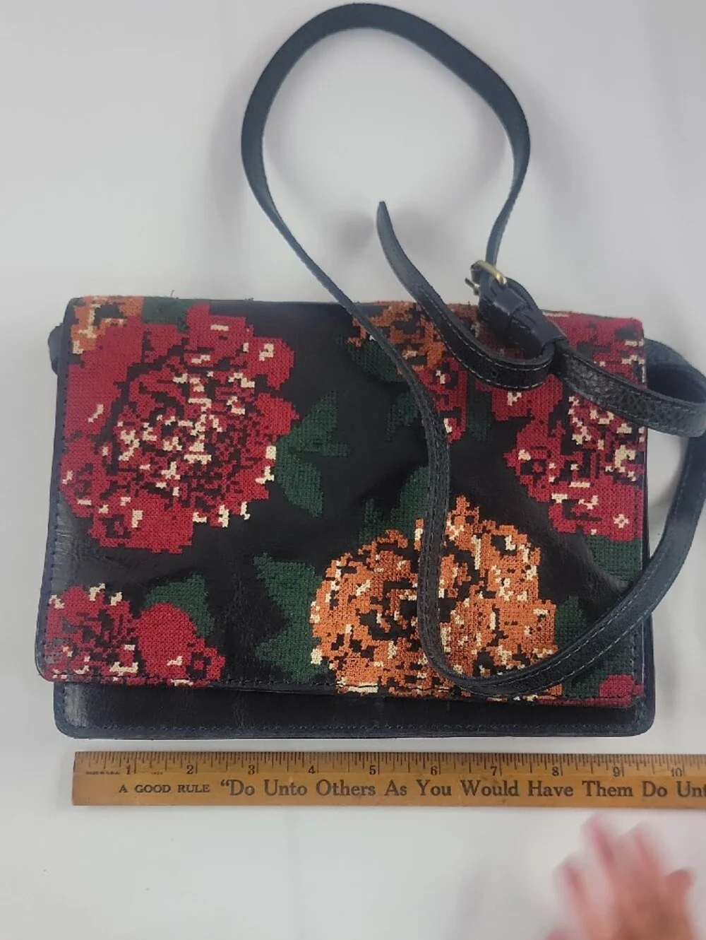 Patricia Nash Black Crossbody with Red and Orange Floral Embroidery